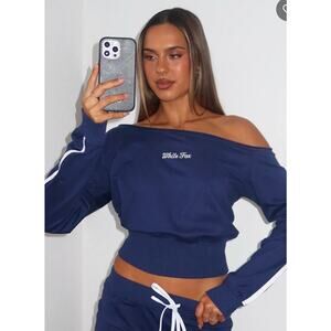 White Fox High Roller Off Shoulder Navy Cropped Long Sleeve Top Size S/M